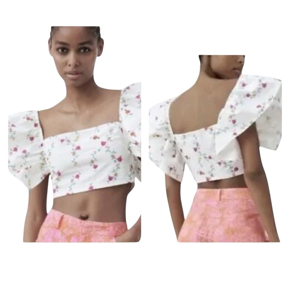 Zara Floral Ruffle Sleeve Crop Top Sz S